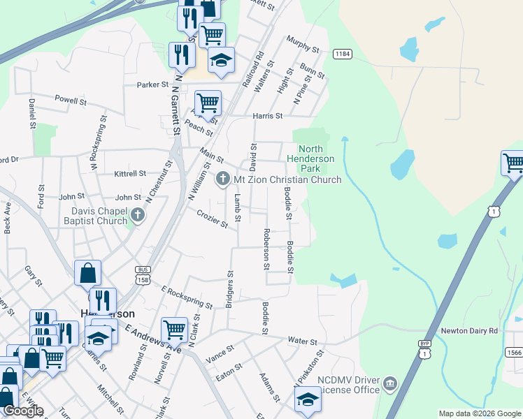 map of restaurants, bars, coffee shops, grocery stores, and more near 722 Wood Street in Henderson
