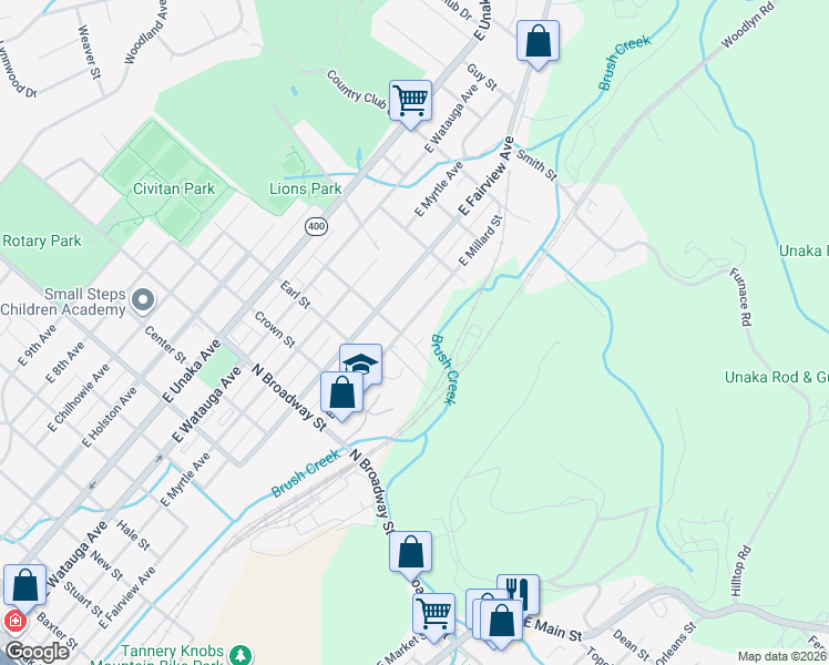 map of restaurants, bars, coffee shops, grocery stores, and more near 1602 East Millard Street in Johnson City