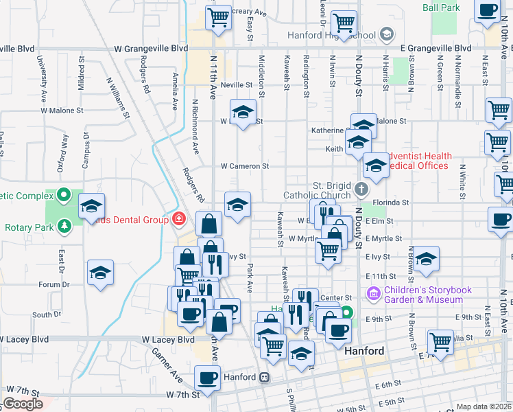 map of restaurants, bars, coffee shops, grocery stores, and more near 433 Florinda Street in Hanford