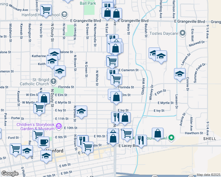 map of restaurants, bars, coffee shops, grocery stores, and more near 615 East Florinda Street in Hanford
