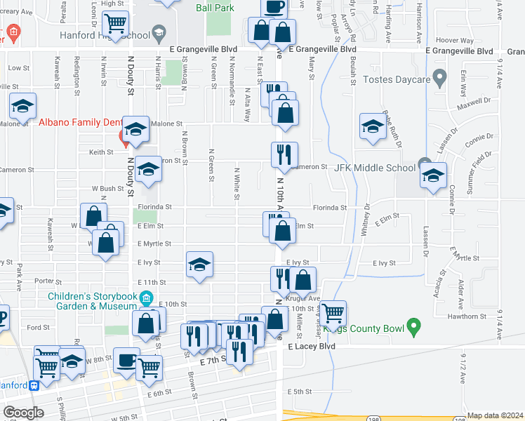map of restaurants, bars, coffee shops, grocery stores, and more near 605 East Florinda Street in Hanford