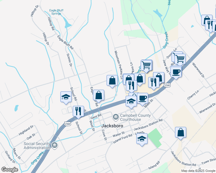 map of restaurants, bars, coffee shops, grocery stores, and more near 141 Starz Lane in Jacksboro