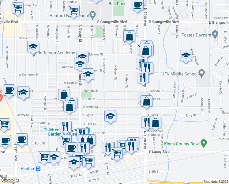 map of restaurants, bars, coffee shops, grocery stores, and more near 369 East Florinda Street in Hanford