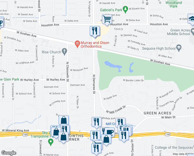map of restaurants, bars, coffee shops, grocery stores, and more near 708 North Silvervale Drive in Visalia
