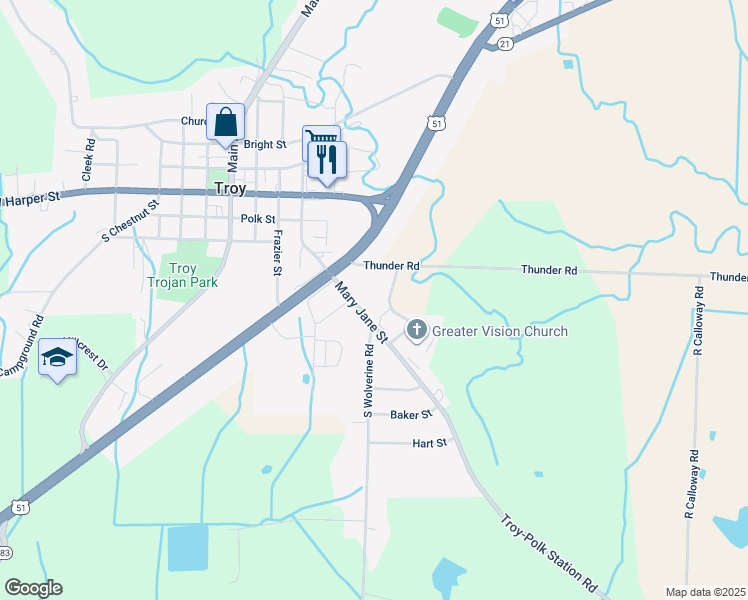 map of restaurants, bars, coffee shops, grocery stores, and more near 501 Mary Jane Street in Troy