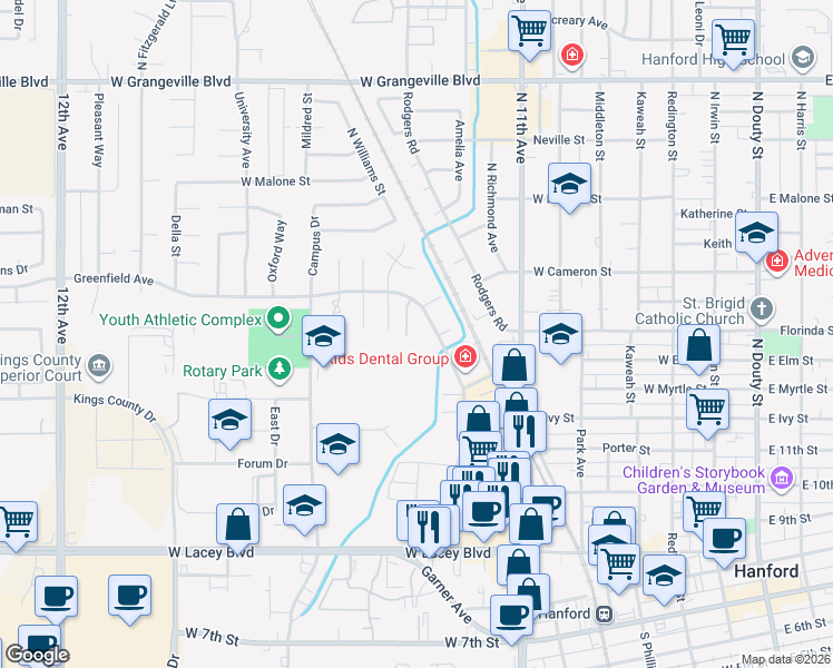 map of restaurants, bars, coffee shops, grocery stores, and more near 873 Greenfield Avenue in Hanford