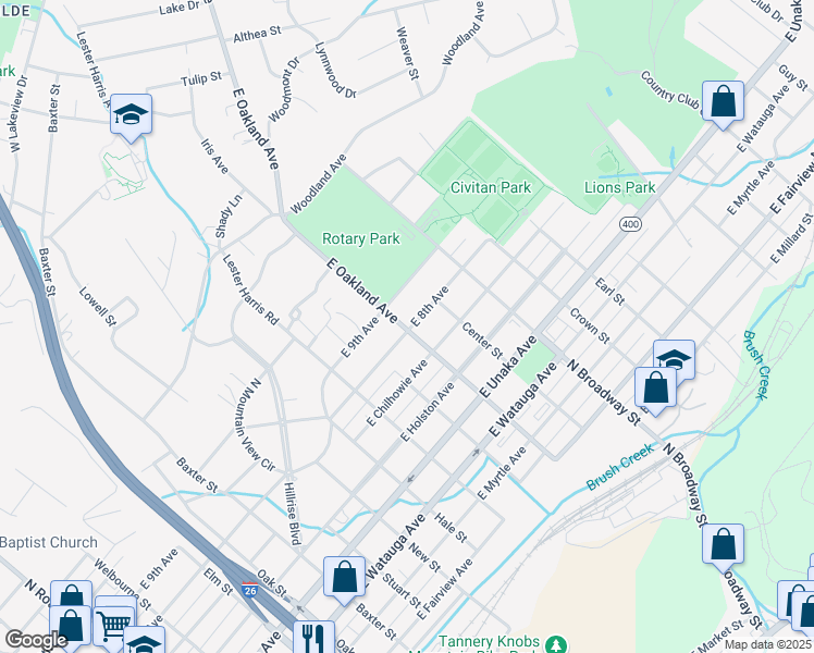 map of restaurants, bars, coffee shops, grocery stores, and more near 1100 East 8th Avenue in Johnson City