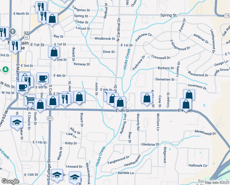 map of restaurants, bars, coffee shops, grocery stores, and more near 617 South Cardinal Drive in Mountain Home
