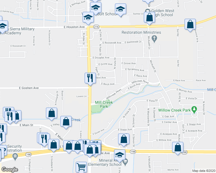 map of restaurants, bars, coffee shops, grocery stores, and more near 3123 East Birch Avenue in Visalia