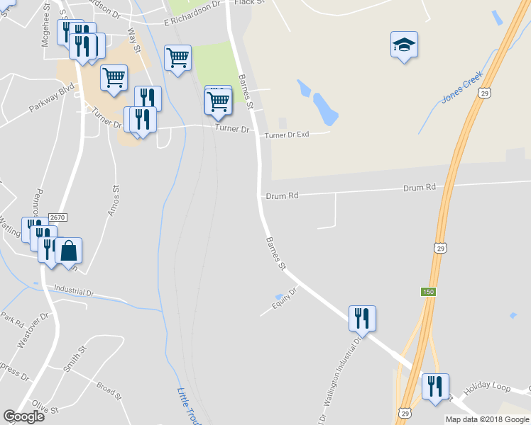 map of restaurants, bars, coffee shops, grocery stores, and more near 1827 Barnes Street in Reidsville