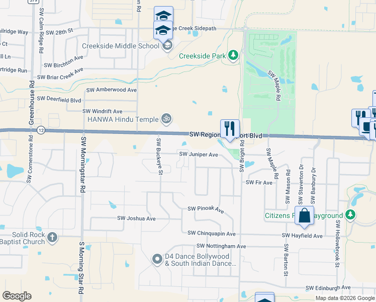 map of restaurants, bars, coffee shops, grocery stores, and more near 3801 Southwest Peachwood Drive in Bentonville