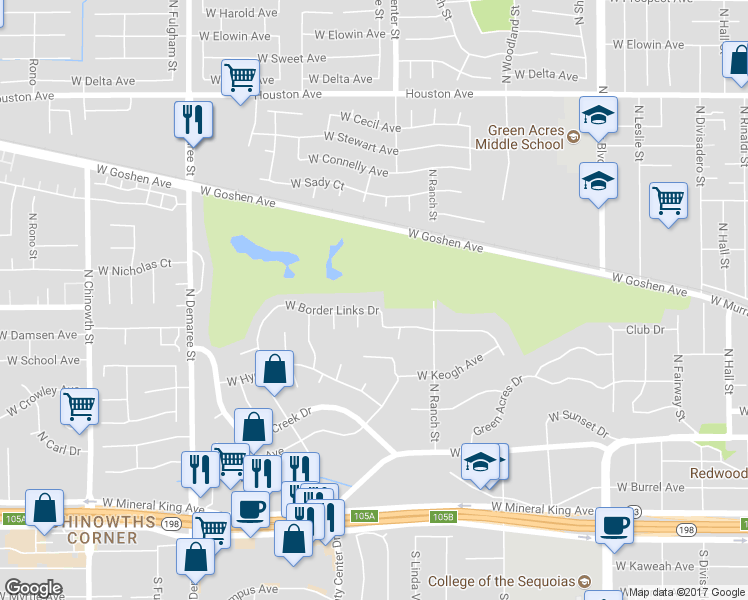 map of restaurants, bars, coffee shops, grocery stores, and more near 2946 West Border Links Drive in Visalia