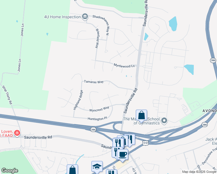 map of restaurants, bars, coffee shops, grocery stores, and more near 103 Wyncrest Commons Court in Hendersonville