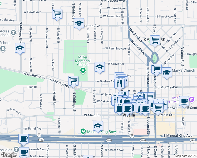 map of restaurants, bars, coffee shops, grocery stores, and more near 920 West Goshen Avenue in Visalia