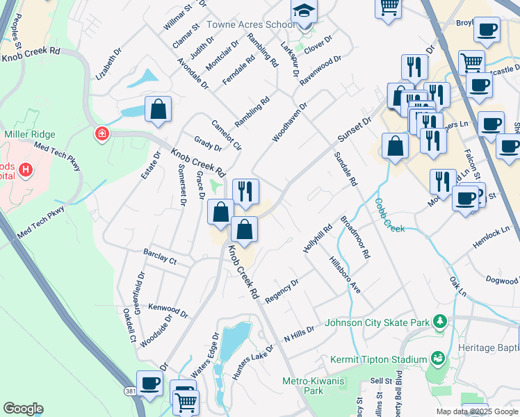 map of restaurants, bars, coffee shops, grocery stores, and more near 800 Sunset Dr in Johnson City