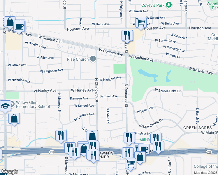 map of restaurants, bars, coffee shops, grocery stores, and more near 706 North Tilden Court in Visalia