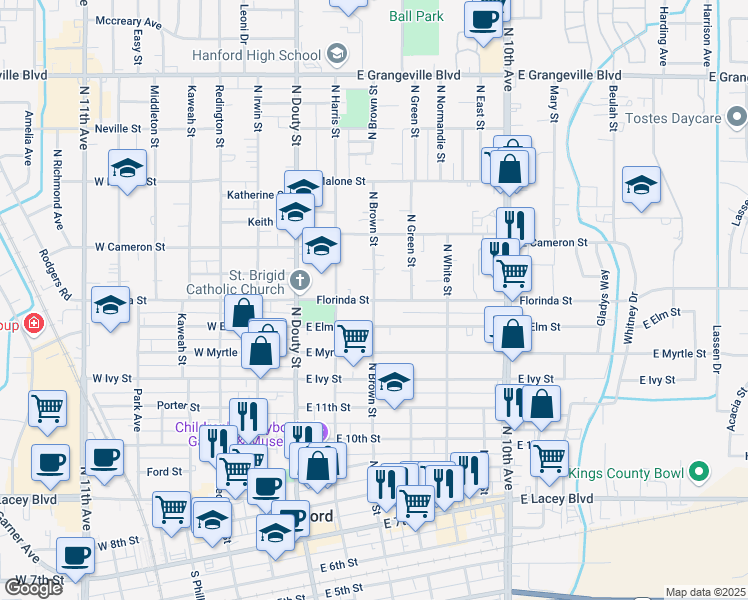 map of restaurants, bars, coffee shops, grocery stores, and more near East Florinda Street & North Brown Street in Hanford