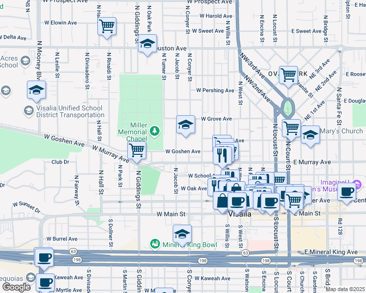 map of restaurants, bars, coffee shops, grocery stores, and more near 841 West Goshen Avenue in Visalia