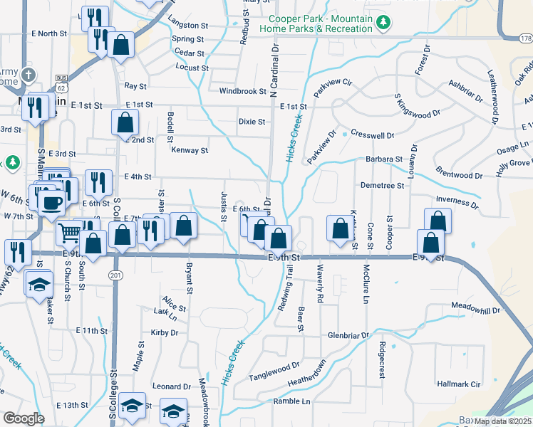 map of restaurants, bars, coffee shops, grocery stores, and more near 617 South Cardinal Drive in Mountain Home
