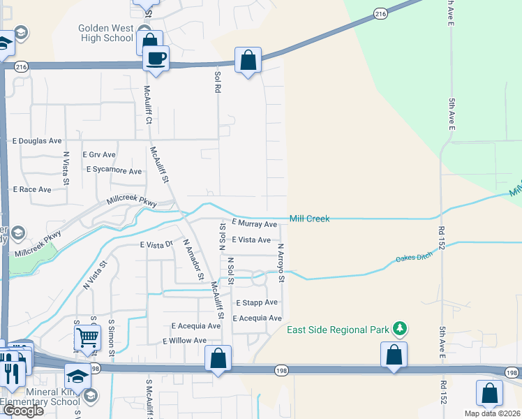 map of restaurants, bars, coffee shops, grocery stores, and more near 611 Comstock Street North in Visalia
