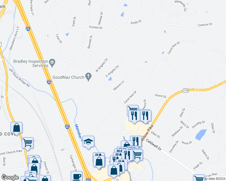 map of restaurants, bars, coffee shops, grocery stores, and more near 102 Mason Lane in Goodlettsville