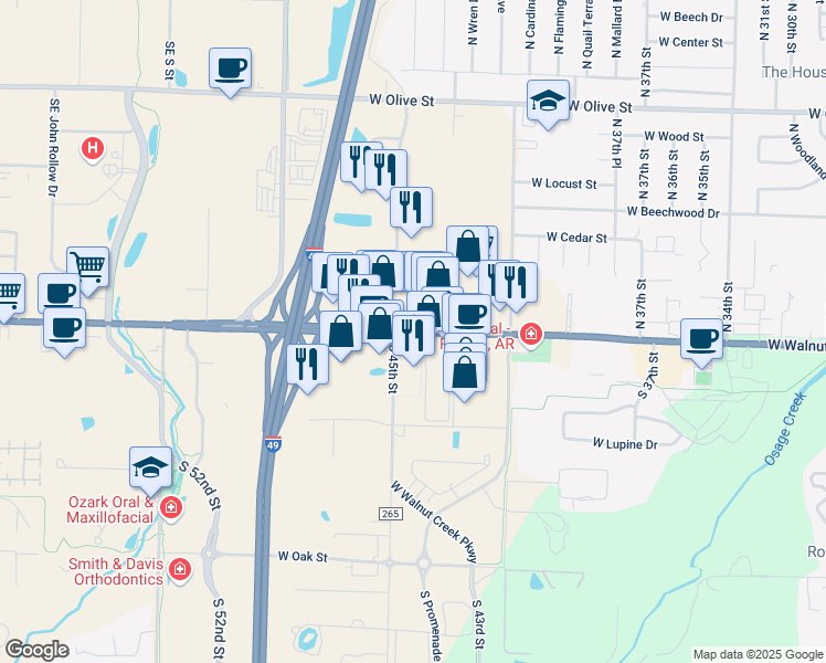 map of restaurants, bars, coffee shops, grocery stores, and more near 4411 West Walnut Street in Rogers