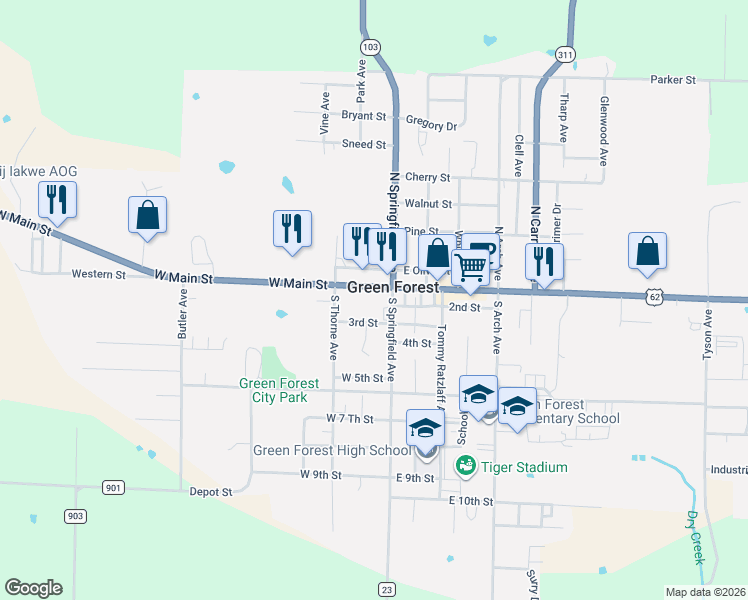 map of restaurants, bars, coffee shops, grocery stores, and more near 102 3rd Street in Green Forest