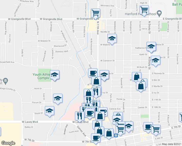 map of restaurants, bars, coffee shops, grocery stores, and more near 1000 Rodgers Road in Hanford