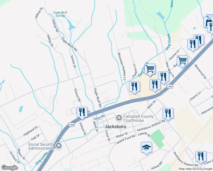 map of restaurants, bars, coffee shops, grocery stores, and more near 141 Starz Lane in Jacksboro
