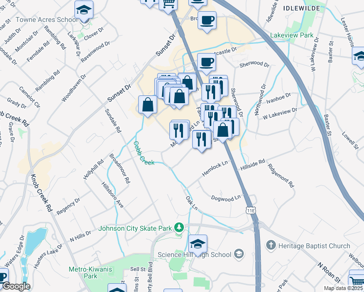 map of restaurants, bars, coffee shops, grocery stores, and more near 211 Mockingbird Lane in Johnson City
