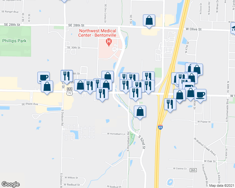map of restaurants, bars, coffee shops, grocery stores, and more near Razorback Regional Greenway in Bentonville