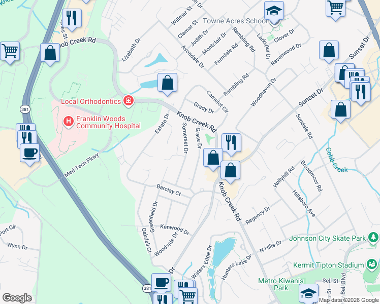 map of restaurants, bars, coffee shops, grocery stores, and more near 1013 Somerset Drive in Johnson City
