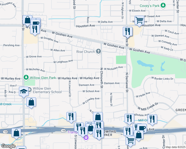 map of restaurants, bars, coffee shops, grocery stores, and more near 4212 West Hurley Avenue in Visalia
