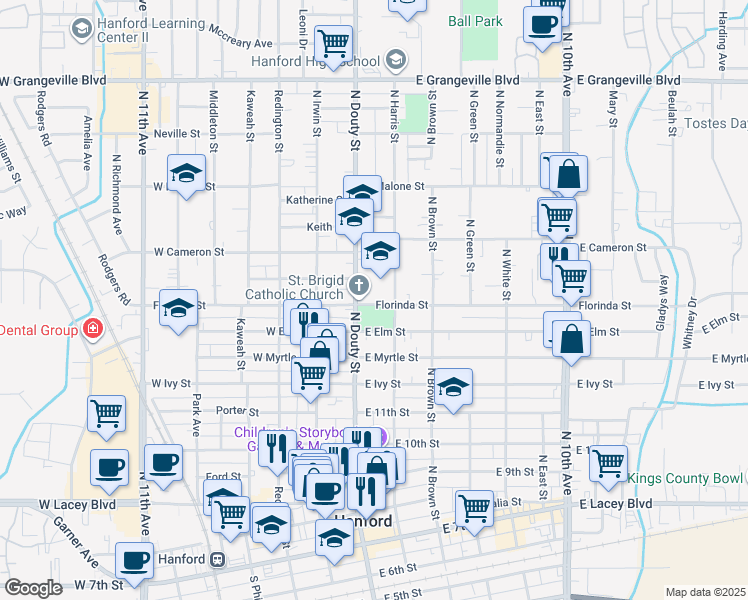 map of restaurants, bars, coffee shops, grocery stores, and more near 112 E Florinda St in Hanford