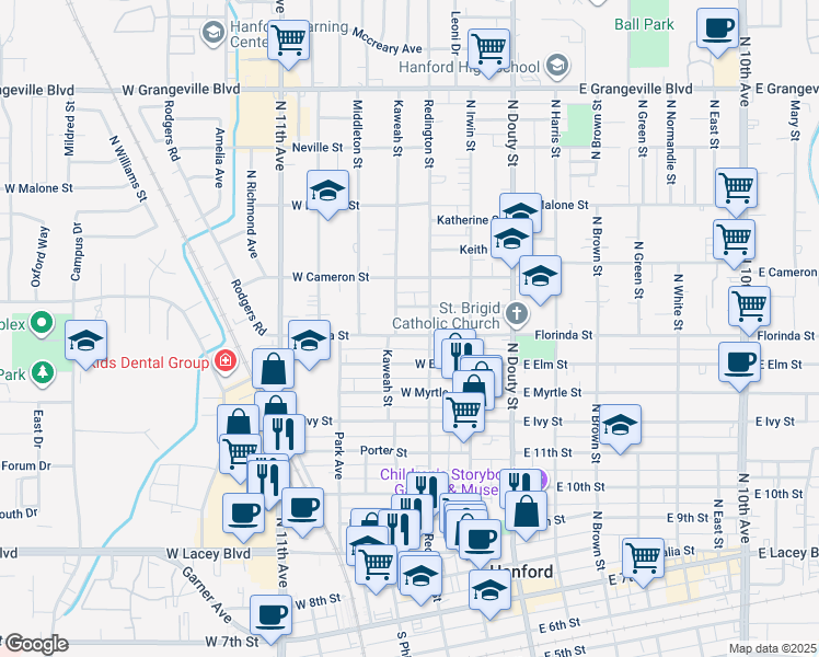 map of restaurants, bars, coffee shops, grocery stores, and more near 322 West Elm Street in Hanford