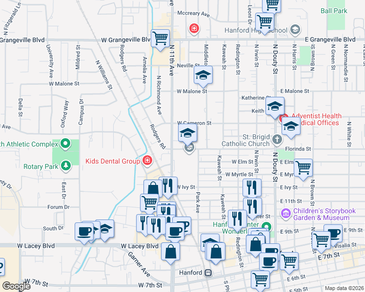 map of restaurants, bars, coffee shops, grocery stores, and more near in Hanford