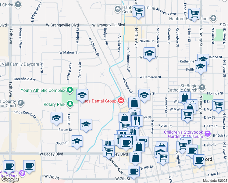 map of restaurants, bars, coffee shops, grocery stores, and more near 833 Greenfield Avenue in Hanford