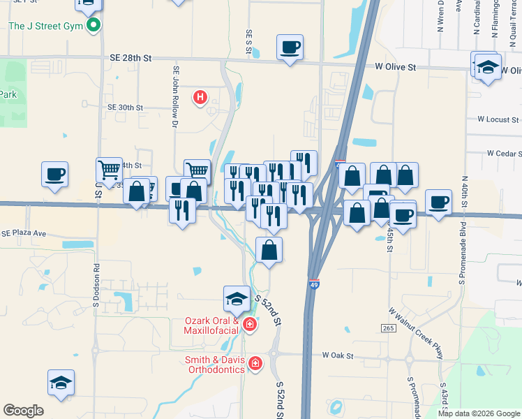 map of restaurants, bars, coffee shops, grocery stores, and more near 3504 Magellan Boulevard in Bentonville