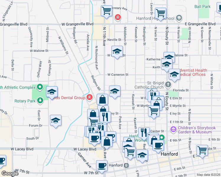 map of restaurants, bars, coffee shops, grocery stores, and more near in Hanford