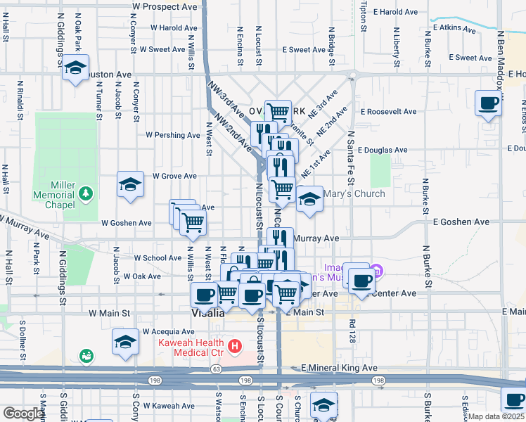 map of restaurants, bars, coffee shops, grocery stores, and more near 538 North Locust Street in Visalia