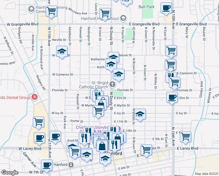 map of restaurants, bars, coffee shops, grocery stores, and more near 112 East Florinda Street in Hanford