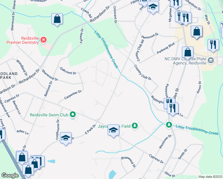 map of restaurants, bars, coffee shops, grocery stores, and more near 1820 South Park Drive in Reidsville