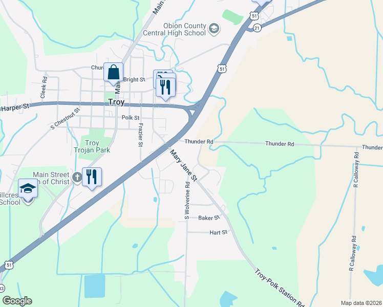 map of restaurants, bars, coffee shops, grocery stores, and more near 501 Mary Jane Street in Troy