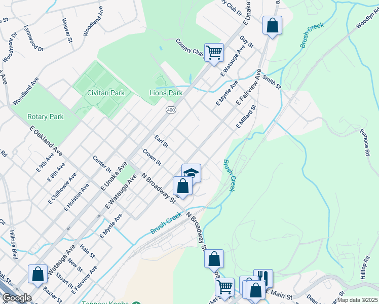 map of restaurants, bars, coffee shops, grocery stores, and more near 1413 East Fairview Avenue in Johnson City