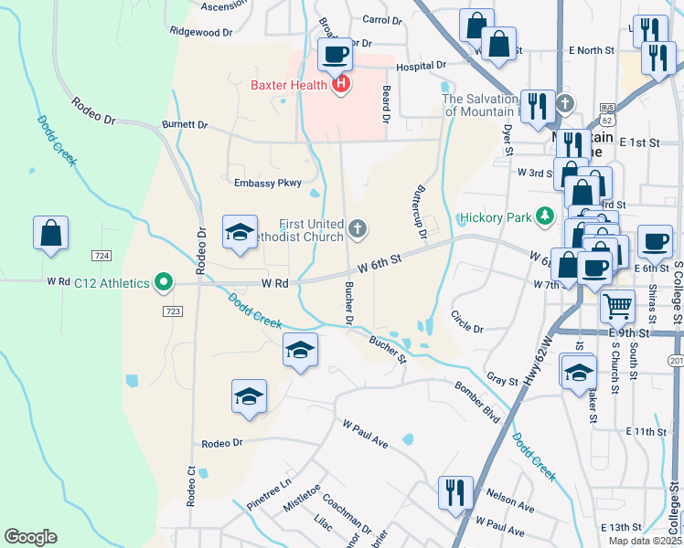 map of restaurants, bars, coffee shops, grocery stores, and more near 802 Bucher Street in Mountain Home