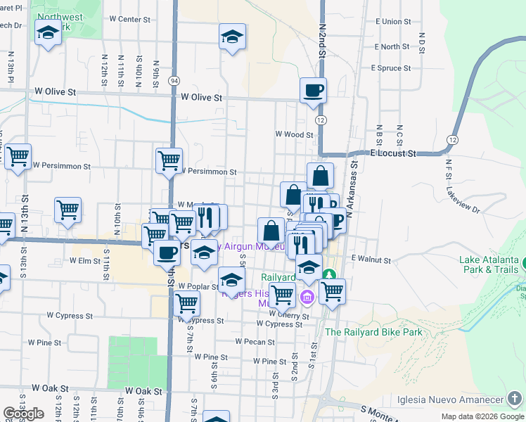 map of restaurants, bars, coffee shops, grocery stores, and more near 220 North 4th Street in Rogers