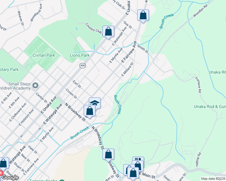 map of restaurants, bars, coffee shops, grocery stores, and more near 1602 East Millard Street in Johnson City