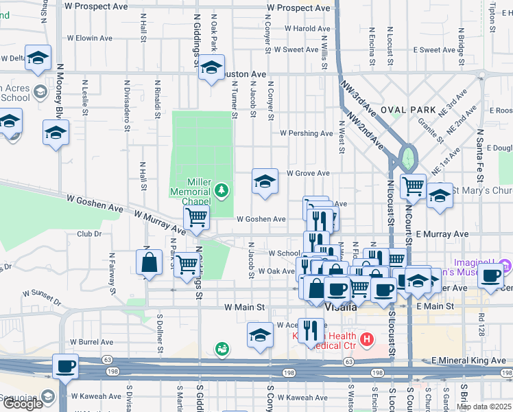 map of restaurants, bars, coffee shops, grocery stores, and more near 1009 West Goshen Avenue in Visalia