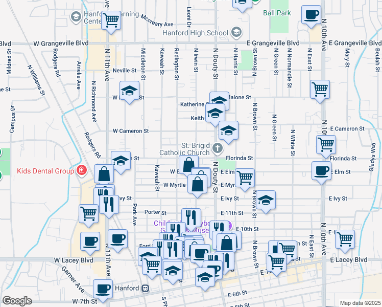 map of restaurants, bars, coffee shops, grocery stores, and more near 949 North Irwin Street in Hanford