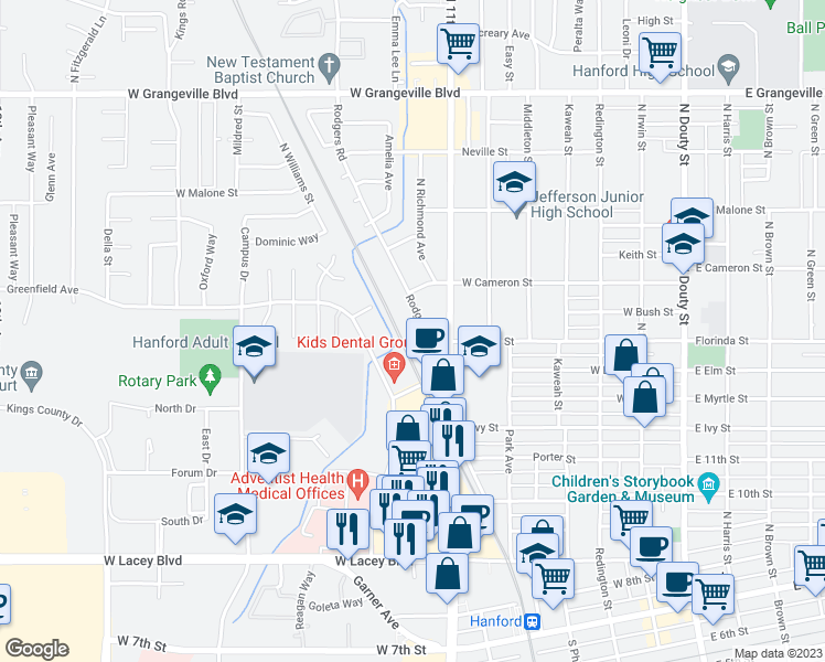 map of restaurants, bars, coffee shops, grocery stores, and more near 900 Rodgers Road in Hanford
